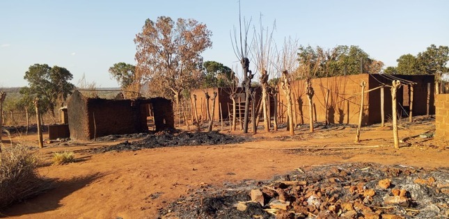 Des maisons en terre brûlées et des arbres calcinés se dressent dans un village ravagé.