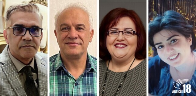 Quatre adultes (trois hommes et une femme) sont photographiés séparément, de face, comme pour des portraits, avec des expressions neutres ou souriantes.