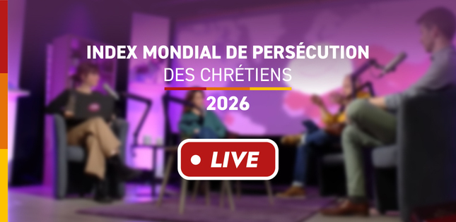 Affiche annonçant un événement en direct intitulé « Index mondial de persécution des chrétiens 2026 », avec plusieurs personnes assises sur un plateau.