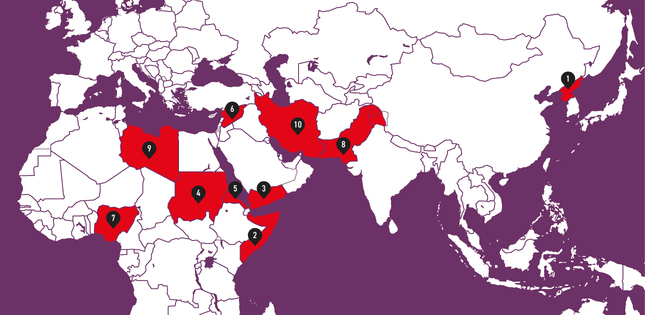 Carte du monde mettant en évidence, en rouge, les dix pays où les chrétiens sont le plus persécutés.